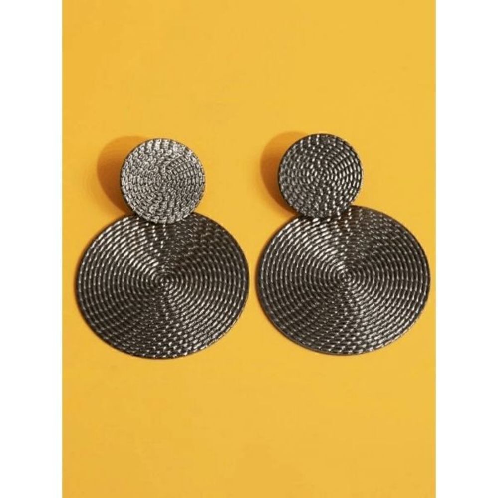 GUN BLACK TEXTURED ROUND GEOMETRIC DANGLE EARRINGS